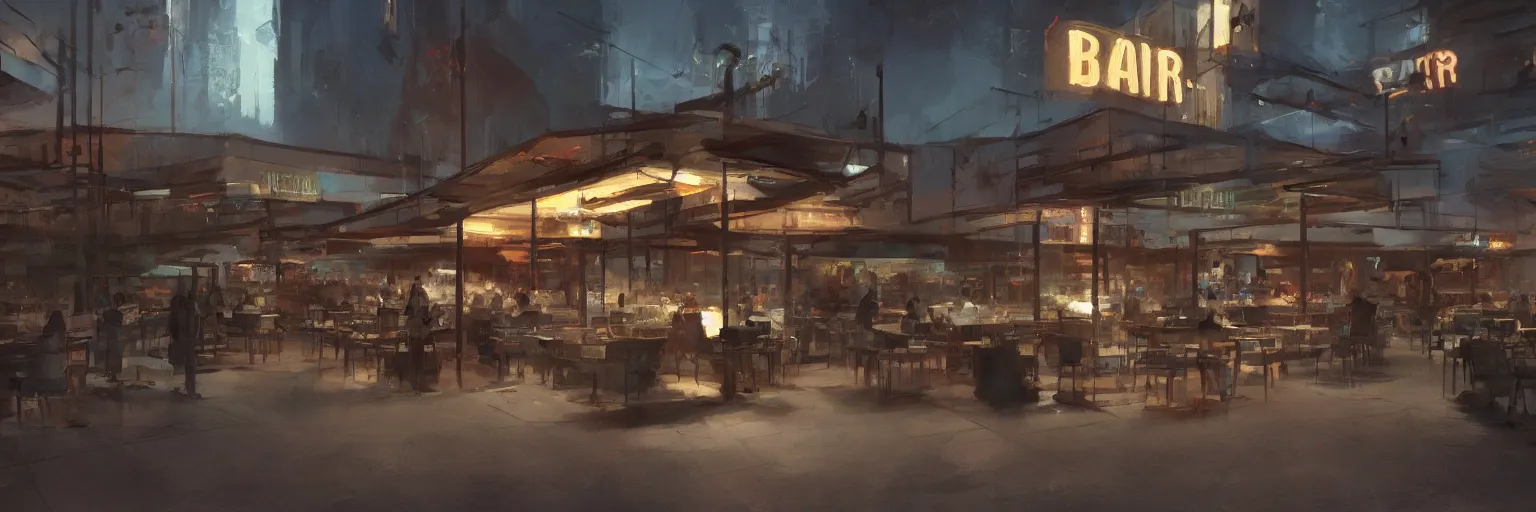 Prompt: Bar. Night. Midcentury architecture. Cinematic. Matte painting in the style of Craig Mullins. Concept art. Trending on Artstation