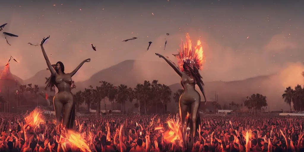 Prompt: realistic cinematic views of a Orwellian Coachella with fires in the background and dead seagulls falling from the sky in front of the main stage worshipping a large statue of kim kardashian, hyper detailed, terror glows, hyper realistic, digital painting, 8k, 35mm film grain, octane render