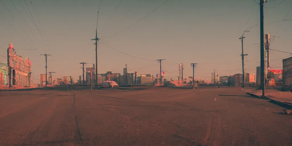 Image similar to photo of city street neon on mars, norilsk city, telephoto, anamorphic cinematography, beautiful composition, color theory, leading lines, photorealistic, moody volumetric lighting