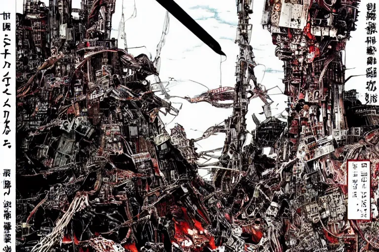 Image similar to remnants of the human civilization in post - apocalyspe, a color illustration by tsutomu nihei, tetsuo hara and katsuhiro otomo