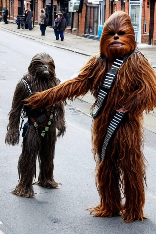 Prompt: photo of chewbacca standing on the streets of rochester, england