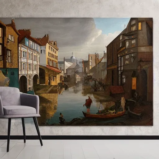 Image similar to Raining Outside inside house + A Beautiful painting of European town The year is 1680 Highly detailed, epic composition, Dramatic lighting, Epic Wide angle, a futuristic city made black Iron stone, the style Wes Anderson sci-fi movie, 4k, high hyper realistic