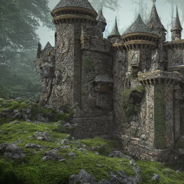 Image similar to a beautiful realistic detailed castle carved in a stone, gate, surreal, surrounded by mold and moss, photorealistic, octane render, volumetric lighting, 8 k, cinematic lighting, hd