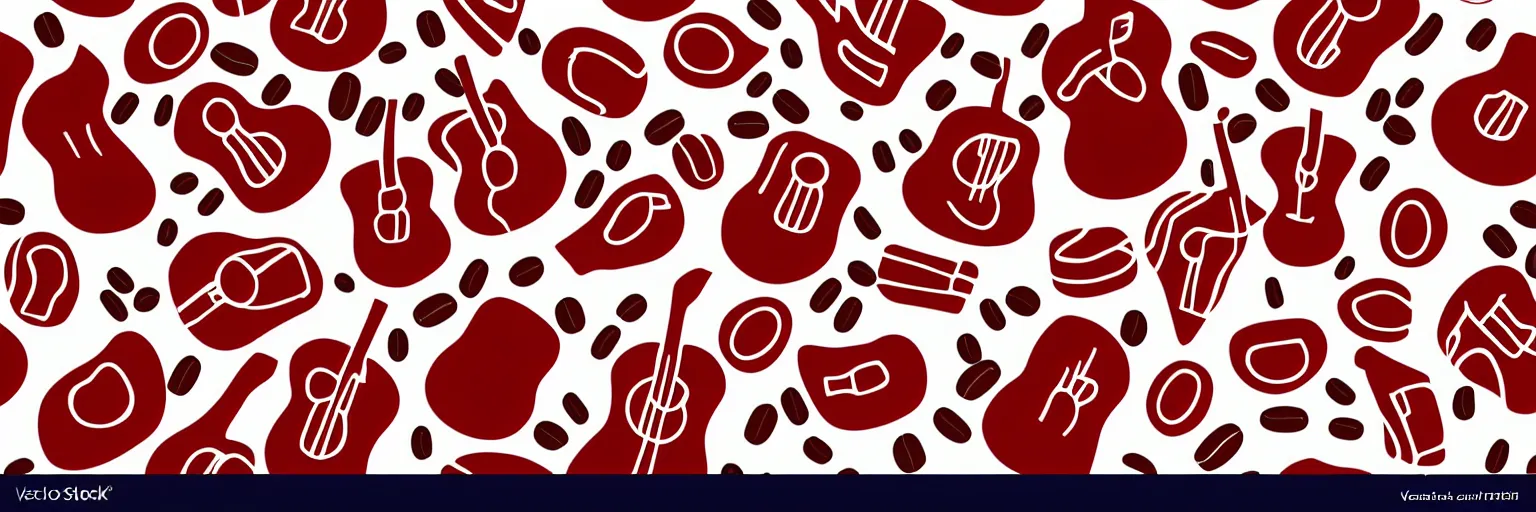 Image similar to seamless pattern design, coffee and guitar, vector, simple, red and white,