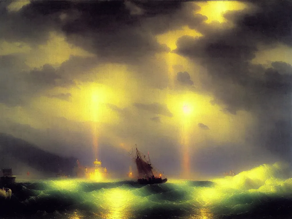 Image similar to heavy rain in south korea, bridges and buildings under water, beam of light through dark clouds, by Aivazovsky