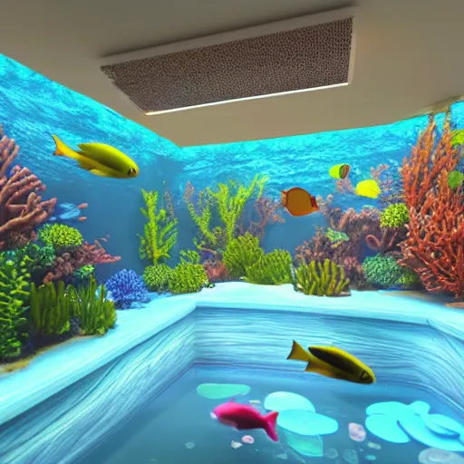 Image similar to realistic 3 d designed big modern room as aquarium with a beautiful fishes and corals, realistic colors, realistic shadows, daylight made by blender and cinema 4 d, hd, 3 d