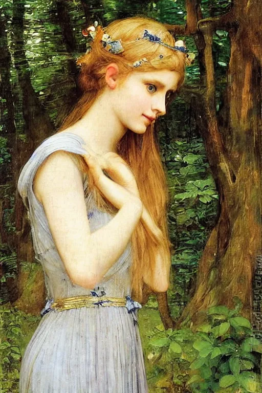 Image similar to portrait of a blue eyed, blonde haired crowned queen of summer with light elvish overtones and a forest background by John WIlliam Waterhouse