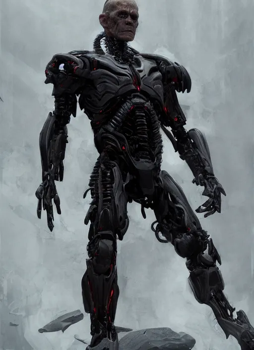 Image similar to willem dafoe as victor stone, full body concept, cyborg, borg, strogg, face of a man, terminator, flesh, quake strogg, doom demon, wolfenstein, monstrous, powerful, symmetry, symmetrical, concept art by ruan jia and greg rutkowski