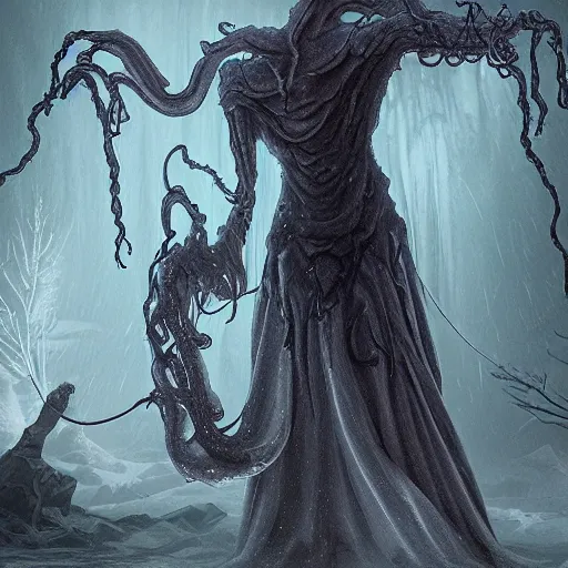 Image similar to concept designs for an ethereal ghostly wraith like figure with a squid like parasite latched onto its head and long tentacle arms that flow lazily but gracefully at its sides like a cloak while it floats around a frozen rocky tundra in the snow searching for lost souls and that hides amongst the shadows in the trees, this character has hydrokinesis and electrokinesis for the resident evil village video game franchise with inspiration from the franchise Bloodborne as a muppet from sesame street, photo realistic, photography, sesame street, bloodborne, resident evil