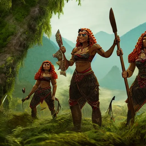 Image similar to armoured ginger dwaven women wielding a hammer and shield, jungle clearing, awesome floating mountain in the shape of a human heart. 4k realism landscape