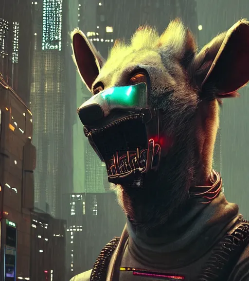 Image similar to new york city portrait of furry anthro anthropomorphic spotted hyena head animal person fursona wearing clothes strange cybernetic shiny metal muzzle gloomy rainy screenshot from the video game cyberpunk 2077 digital art by Greg Rutkowski, Simon Stalenhag, christopher nolan trending on Artstation, CGSociety