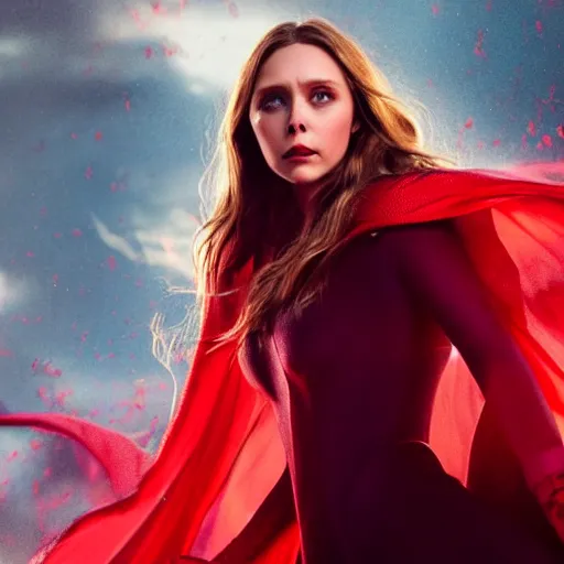 Prompt: elizabeth olsen artstation scarlet witch, floating in the air as she emanates magic from her palms, full - body portrait, 3 5 mm!!!!! photography, disdain facial expression, messy!!!!! hair, trending on artstation, photorealistic!!!!!, 4 k, 8 k