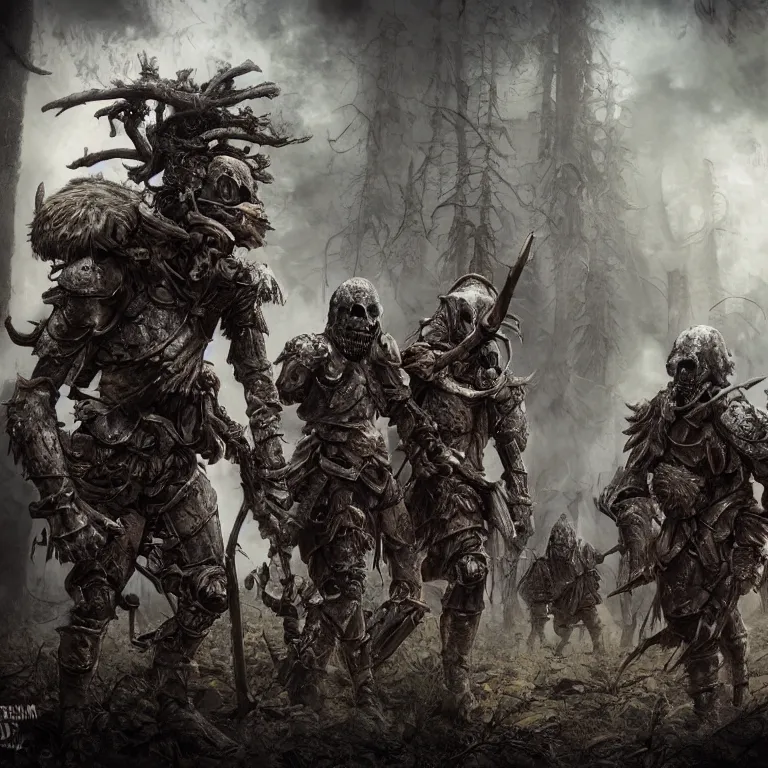 Prompt: undead armoured soldiers in burned forest full of smoke, fantasy style, highly detailed, smooth, sharp focus, character portrait, portrait, concept art, intricate details, medieval poster, dark athmosphere, 8 k. lifelike. nikon d 8 5 0