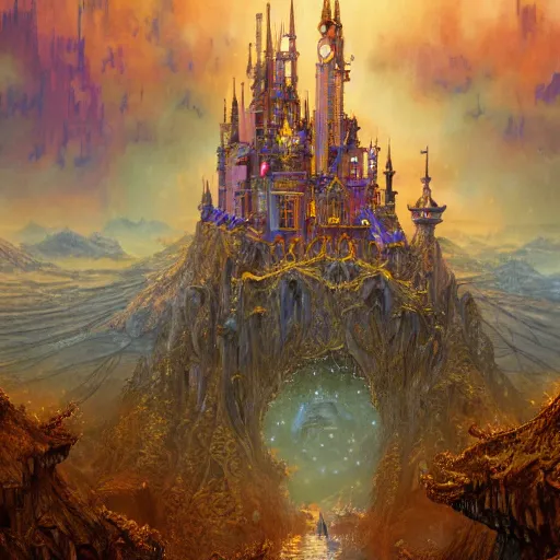 Prompt: A digital intricate masterpiece illustration concept art of a mighty steampunk disney castle with its top in the heaven, taiga landscape + inspired art by Bruce Pennington, Ted Naismith, Daniel Merriam + symmetry + intricate complexity, epic composition, magical atmosphere, highly detailed, cinematic lighting + wide long shot, wide angle + trending on artstation + 8k