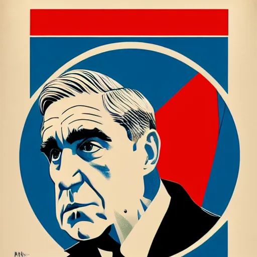 Image similar to minimalist soviet propaganda of robert mueller!!! standing with folded arms, polish movie poster