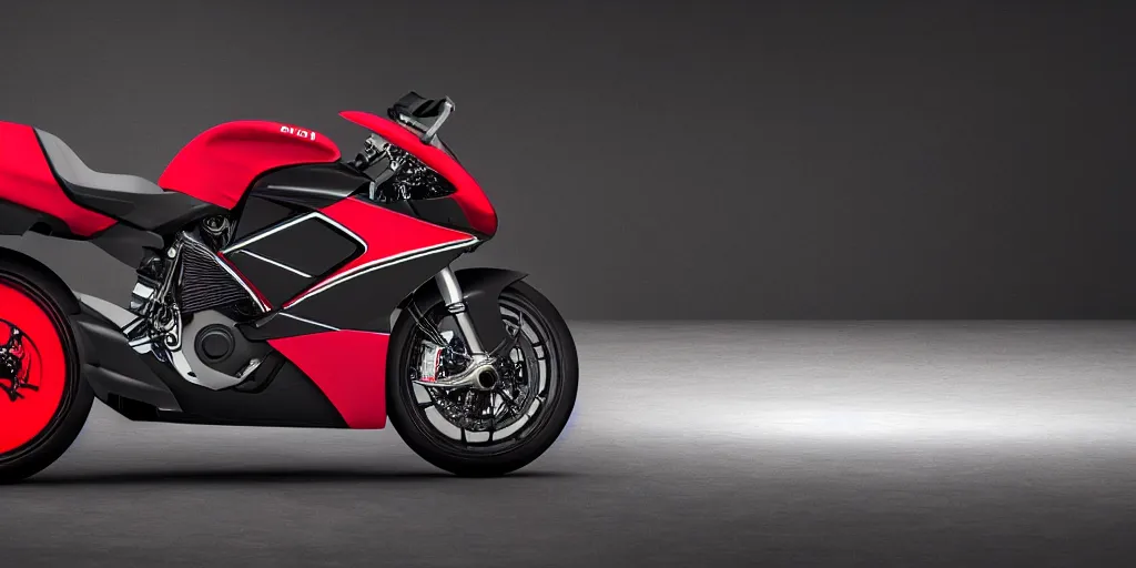 Image similar to a design of a futuristic ducati, designed by pininfarina, northern lights background, brushed red bike paint, black rims, dark show room, dramatic lighting, hyper realistic render, depth of field