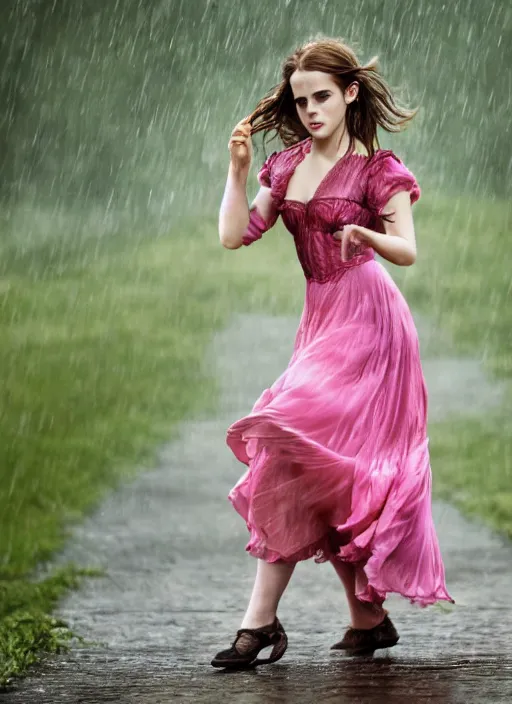 Prompt: Emma Watson for Victorian Secret, perfect face, hot summertime dancing hippie in the rain, full length shot, XF IQ4, 150MP, 50mm, f/1.4, ISO 200, 1/160s, natural light, Adobe Photoshop, Adobe Lightroom, DxO Photolab, Corel PaintShop Pro, rule of thirds, symmetrical balance, depth layering, polarizing filter, Sense of Depth, AI enhanced