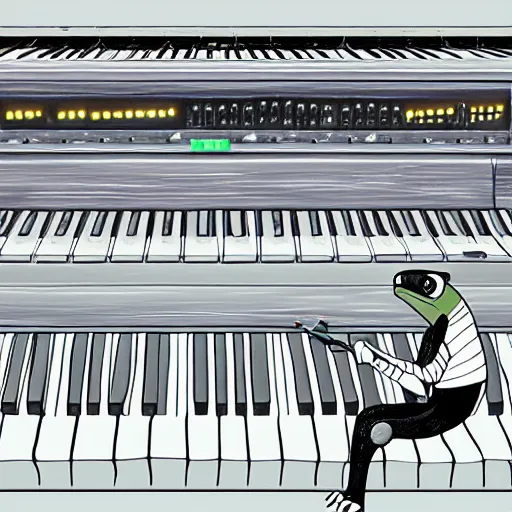 Prompt: a beautiful painting of singular frog playing in the synthesizer, trending on artstation