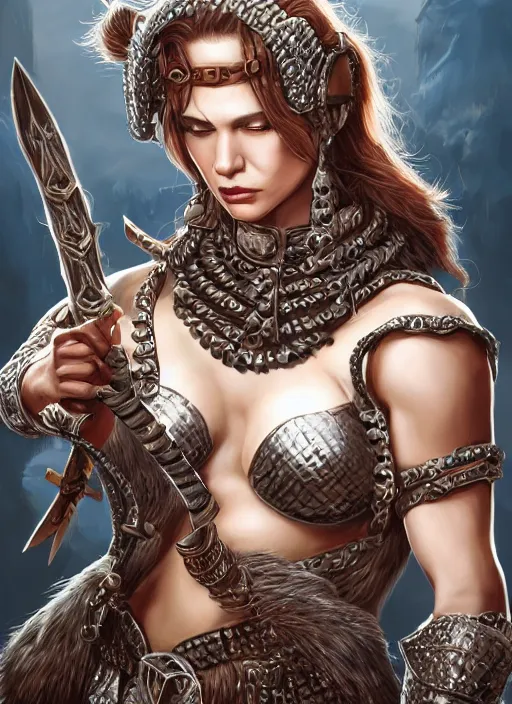 Prompt: portrait of a barbarian woman, muscular, upper body, chainmail armor, D&D, fantasy, intricate, elegant, highly detailed, digital painting, artstation, concept art, smooth, sharp focus, illustration, art by artgerm