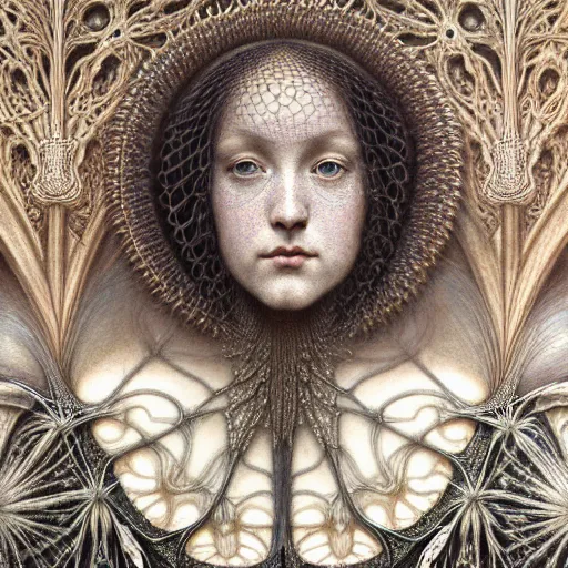 Image similar to detailed realistic beautiful young medieval queen face portrait by jean delville, gustave dore, iris van herpen and marco mazzoni, art forms of nature by ernst haeckel, art nouveau, symbolist, visionary, gothic, neo - gothic, pre - raphaelite, fractal lace, ai biodiversity, surreality, intricate hyper detailed ultra sharp octane render