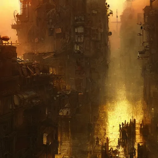 Image similar to steampunk city, sunrise, landscape, intricate, detailed, volumetric lighting, scenery, digital painting, highly detailed, artstation, sharp focus, illustration, concept art, ruan jia, steve mccurry