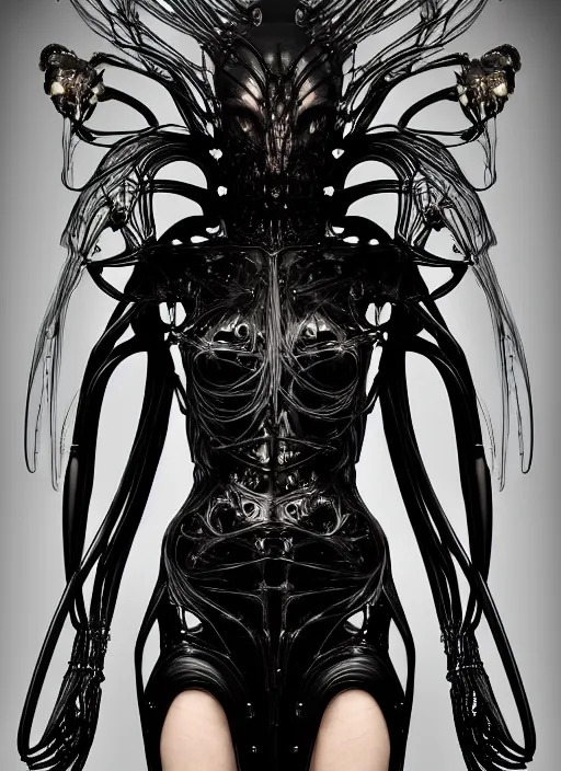 Image similar to iris van herpen gothic inflateble dark dress, perfect symmetrical body, helmet on face, full body shot, alien, plant predator, guyver, giger, wires, tubes, veins, jellyfish, white biomechanical details, wearing epic bionic cyborg implants, masterpiece, intricate, biopunk, vogue, highly detailed, artstation, concept art