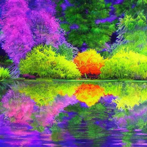Prompt: beautiful pond with reflections of trees colorful magical realism detailed painting 4 k