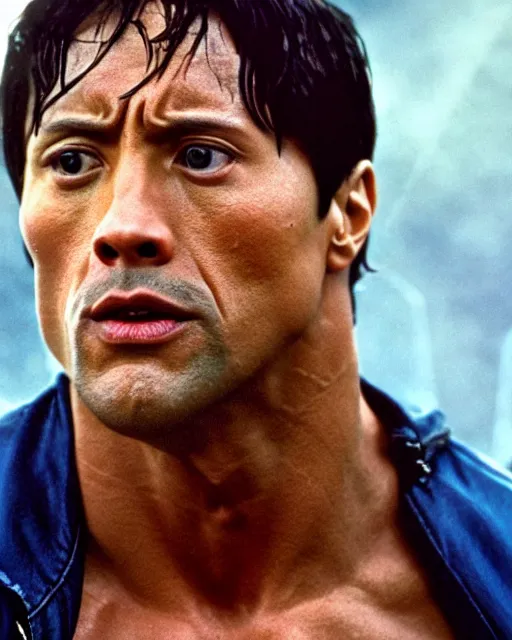 Image similar to Film still close-up shot of Dwayne Johnson as Rocky Balboa from the movie Rocky. Photographic, photography