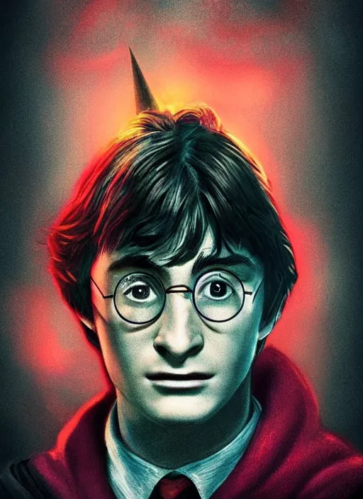 Prompt: harry potter portrait, hogwarts 2 0 7 7, neon, atmospheric, detailed, detailed illustration, 4 k, digital art, sharp focus, minimalism, trending on artstation