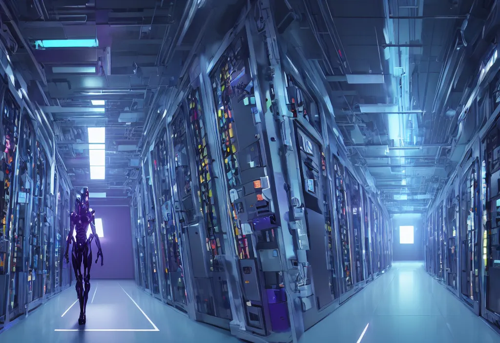 Prompt: shot of film, human like a mech, full body, in detailed server room, in data center, character design, symmetrical, vivid color, complementary color, detailed, sharp lines, trending on artstation, volumetric lighting, dramatic lighting by yoichi hatakenaka, violet, by masamune shirow, by josan gonzales, octane render 8 k