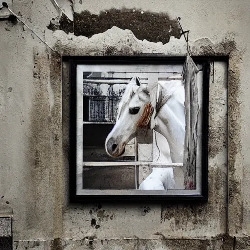 Prompt: “photo of a ripped, filthy dirty off-white t-shirt with the picture of a horse on it, hanging on a dirty concrete wall in a dark room with the floor covered in trash and garbage. Flash photo. Cursed image.”