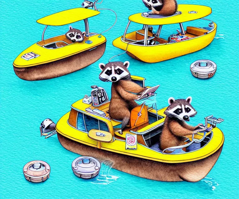 Image similar to cute and funny, racoon driving a tiny pontoon boat with party lights, ratfink style by ed roth, centered award winning watercolor pen illustration, isometric illustration by chihiro iwasaki, edited by craola, tiny details by artgerm and watercolor girl, symmetrically isometrically centered