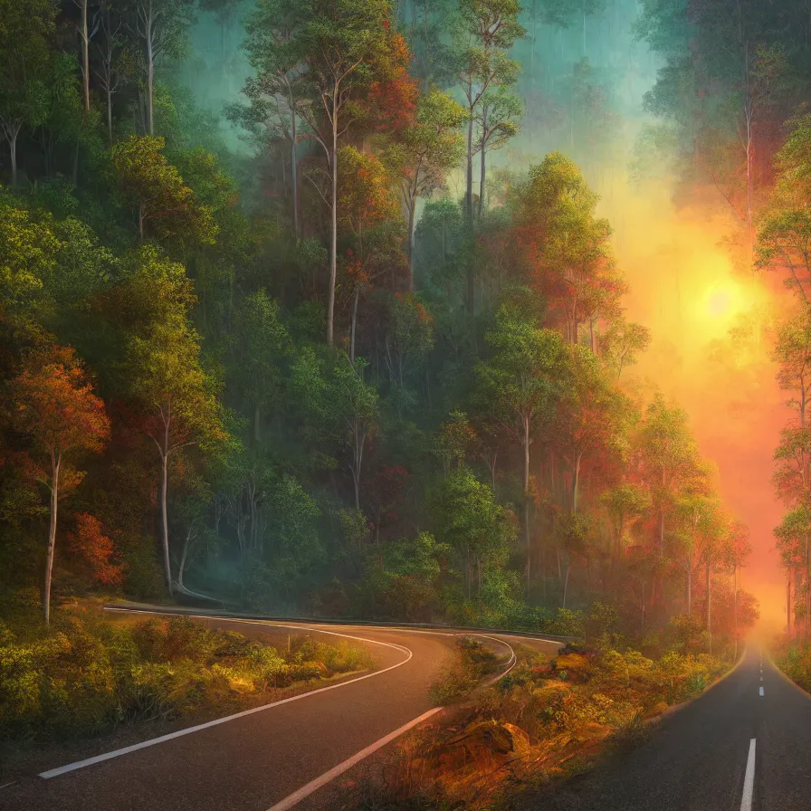 Image similar to intricate painting of a highway road leading to the horizon through a thick forest down a rocky mountain coast towards the sunset. atmospheric good vibes. colorful psychedelic, ultra realistic, concept art, modern art, photorealistic, octane render, 8 k, unreal engine. art by nori inoguchi and sam kaplan and zachary goulko and christopher marley