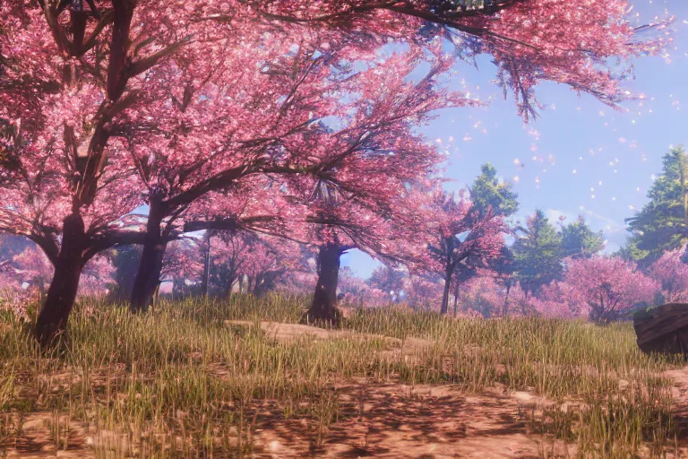 Image similar to A Cherry Blossom forest in Red Dead Redemption 2