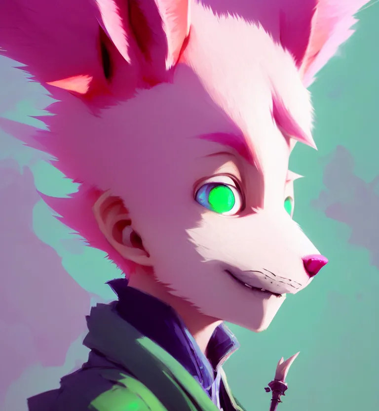 Image similar to a beautiful headshot portrait of a cute anime male boy with pink hair and pink fox ears and piercings and green eyes. character design by cory loftis, fenghua zhong, ryohei hase, ismail inceoglu and ruan jia. artstation, volumetric light, detailed, photorealistic, fantasy, rendered in octane