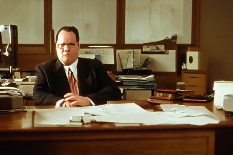 Prompt: cinematic film still from 1994 film: portly clean-shaven white man wearing suit and necktie at his desk. He has his right foot propped up on his desk. XF IQ4, f/1.4, ISO 200, 1/160s, 8K, RAW, dramatic lighting, symmetrical balance, in-frame