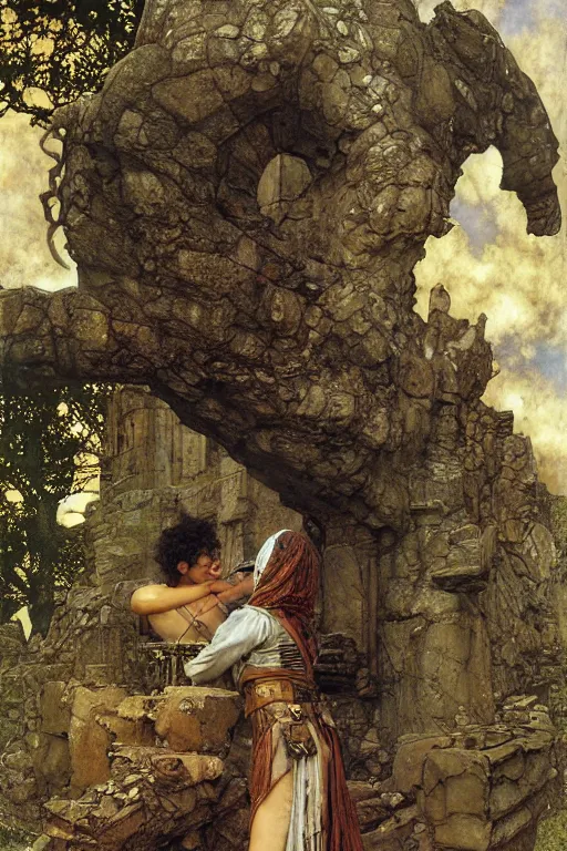 Prompt: basilisk at stone ruins by lawrence alma tadema and rick berry and norman rockwell and jason fabok and greg staples and nc wyeth