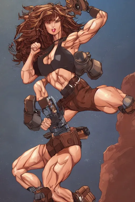 Prompt: a hyper muscular woman, bronze - skinned, blue - eyes, wearing a black cropped tank top, military pants, brown boots, wavy big red hair, 8 0's hairstyle, red lips, action pose, art by tetsuo hara, shinkiro, cutesexyrobutts, bengus, trending on art station, illustration, action scene, full body