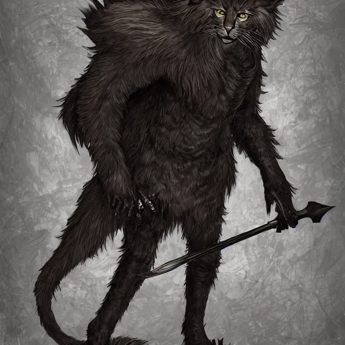 Image similar to khajit tabaxi catfolk humanoid cloaked in shadow and wearing leather armor with maine coon features black fur holding two shortswords, dungeons and dragons, pure white background, fantasy, tarot card style, half body portrait, high detail, hyper realistic