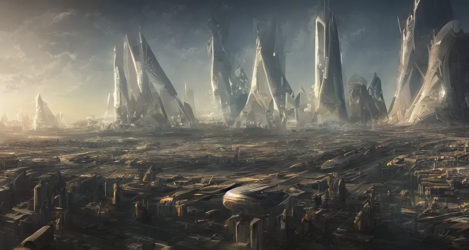 Prompt: view on futuristic city in the horizon, illustration by dean roger, detailed, sharp, 8 k