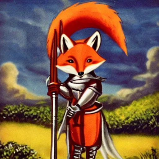 Image similar to anthropomorphic fox who is a medieval knight holding a sword towards a stormy thundercloud 1 9 3 0 s film still, fantasy castle in the background