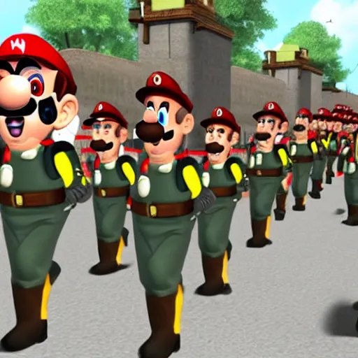 Image similar to mario as prison camp guard marching, wwii, officers uniform, cartoon style, ingame screenshot