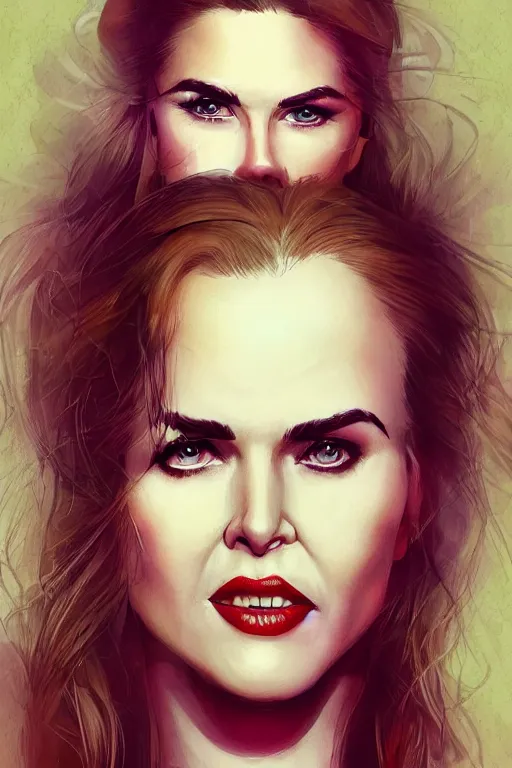 Image similar to mix of beautiful young maria shriver, mariel hemmingway, brooke shields, nicole kidman and elle macpherson as a vampire with mouth open with sharp teeth, thin lips, hair tied up in a pony tail, dark blonde hair, colorful, artstation, cgsociety