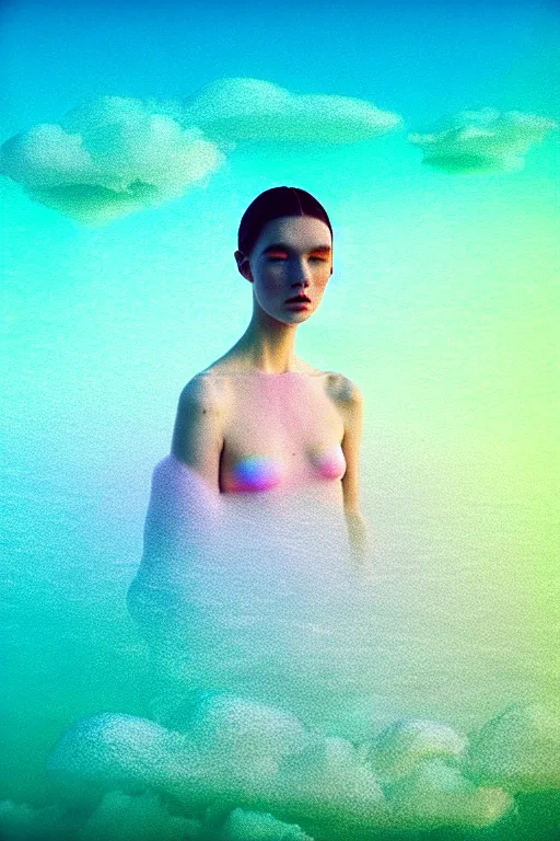 Image similar to high quality pastel coloured film close up wide angle photograph of a model wearing clothing swimming on cloud furniture in a icelandic black rock!! environment in a partially haze filled dreamstate world. three point light, rainbow. photographic production. art directed. pastel colours. volumetric clouds. pastel gradient overlay. waves glitch artefacts. extreme facial clarity. 8 k. filmic.