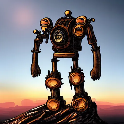 Prompt: a steampunk mech on an alien planet, at sunset with smog