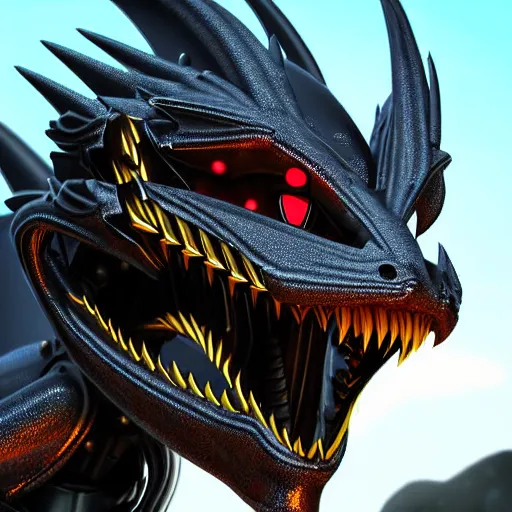 Image similar to close up bust of a cute stunning robot anthropomorphic female dragon, with sleek silver armor, a black OLED visor over the eyes, looking at the camera, her dragon maw open in front of the camera, camera looking down into the detailed living maw, about to consume you, on the beach at sunset, highly detailed digital art, furry art, anthro art, sci fi, warframe art, destiny art, high quality, 3D realistic, mawshot, dragon art, Furaffinity, Deviantart