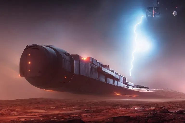 Image similar to a cinematic picture of cyberpunk cargo ship landing in a starport on mars, fog and lightnings, ridley scott and zack snyder, 8 k, hd, high resolution, 8 5 mm, f / 1. 8