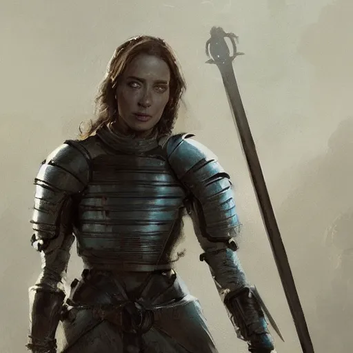 Image similar to portrait of emily blunt as a medieval knight, fantasy art by greg rutkowski