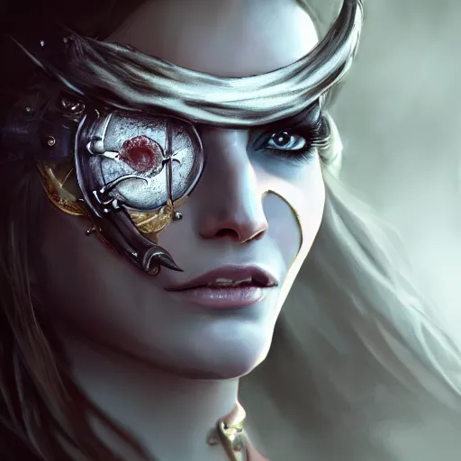 Image similar to Pirate Queen wearing an eye patch, close-up, highly detailed, high quality, fantasy concept art, soft lighting, photorealistic,