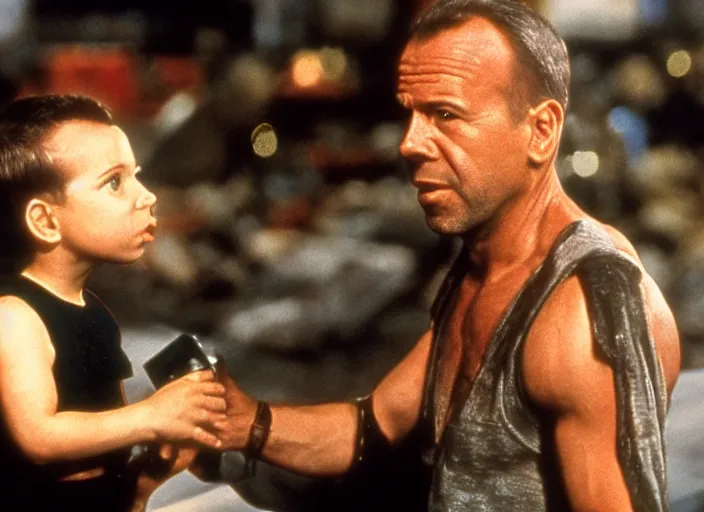 Prompt: a still from die hard with warwick davis